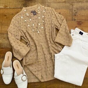 Tan Sunburst V-Neck Cotton Tunic with Beaded Neckline